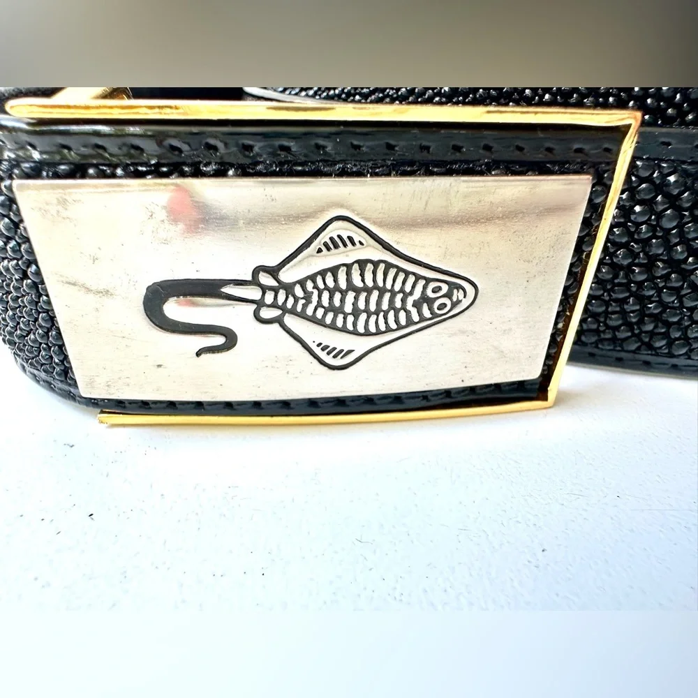 Stingray Skin Black Textured Belt with Gold & Silver Buckle 34” Unisex